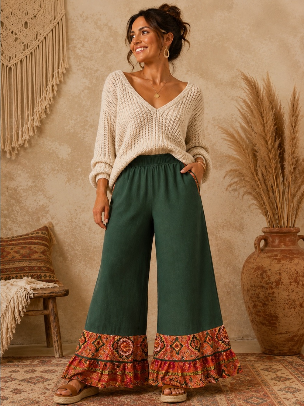 Umgee Forest Green Wide Leg Pants with Ruffle Hem (090890) 🌼 🍂